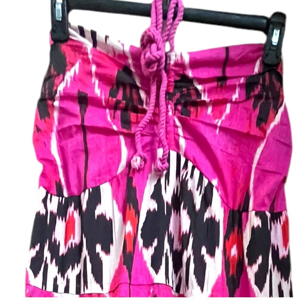 Ro's Garden Denise Halter Tie Gathered Tiered Maxi Dress | Sz XL Pink Black Ikat - Picture 10 of 16
